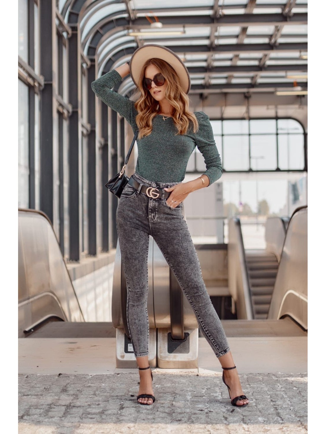 High waisted push up denim trousers, dark gray 60200 - Online store - Boutique